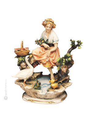 NIÑA EN EL ESTANQUE Figura de porcelana Capodimonte, artesanía Made in Italy