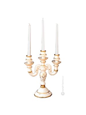 PORTAVELAS Candelabro artístico de cerámica estilo barroco con detalles en color oro de 24k Made in Italy