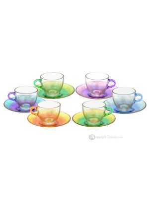 ARCOBALENO Juego de 6 tazas y platillos de espresso pintados a mano en vidrio de calidad superior.