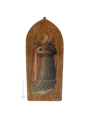 Ícono religioso MUSIC ANGEL de madera decorado con pan de oro, estampado músico Beato Angelico