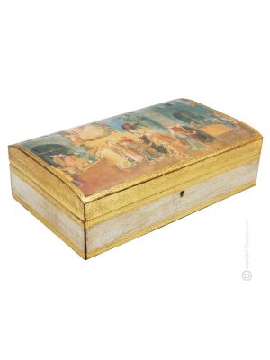 CAJA de madera decorada con pan de oro y reproducción impresa del ataúd del siglo XIX hecha y pintada a mano Made in Italy