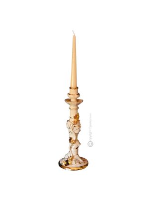 PORTAVELAS Candelabro artístico de cerámica estilo barroco con detalles en color oro de 24k Made in Italy