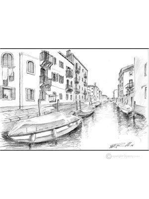 FONDAMENTA BATTELLO - VENECIA Dibujo a lápiz sobre cartón moderno Made in Italy 