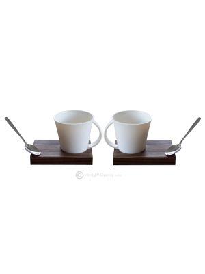 KRISTIAN 1 juego 2 tazas con portavasos de madera y cuchara de porcelana estilo moderno auténtico hecho a mano Made in Italy