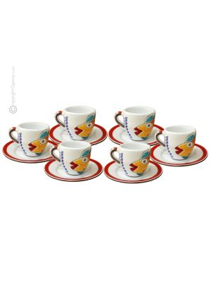 FISH CUPS juego de 6 tazas de espresso de cerámica hechas a mano con platillos, auténtica Sicilia Made in Italy