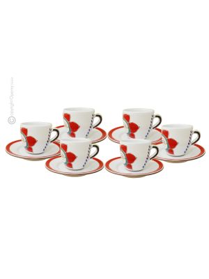 SOLE ROSSO CUPS juego de 6 tazas de espresso de cerámica hechas a mano con platillos, auténtica Sicilia Made in Italy