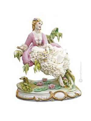 Estatua CABALLERA EN EL ESTANQUE Estatua Capodimonte Porcelana Hecha a mano en Italia