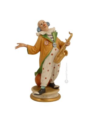 PAYASO CON SAXOFÓN Figura Estatua Capodimonte Porcelana Hecha a Mano Made in Italy